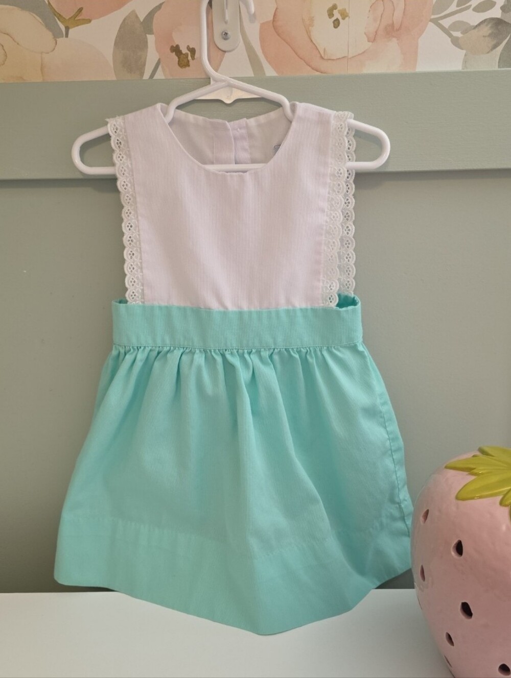 Smockingbird Smocked size 2 or 2t apron vintage style aqua and white dress